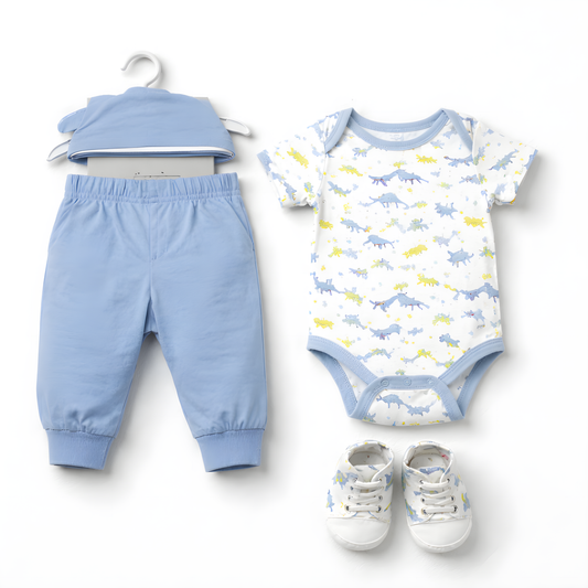 Baby Boy 4-Piece Dinosaur Bodysuit Outfit Set with Solid Pants, Cap & Shoes 042LH