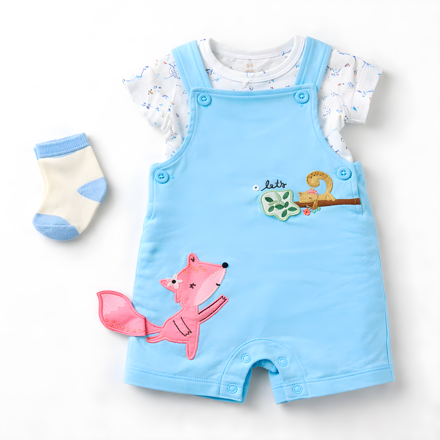Baby Girl 3-Piece Fox Dungaree Outfit Set with Socks – Blue and White (042LH)