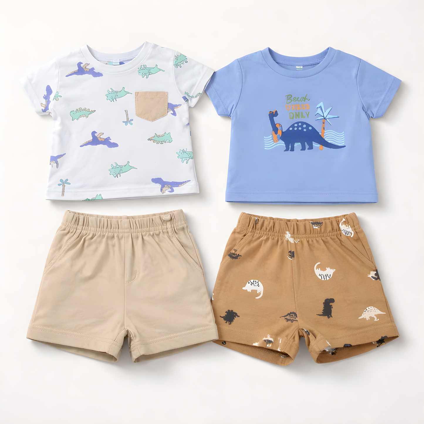 Baby Boy 4-Piece Beach Dino Cotton Summer Outfit Set – 2 T-Shirts & 2 Shorts- Light Blue and White 042LH