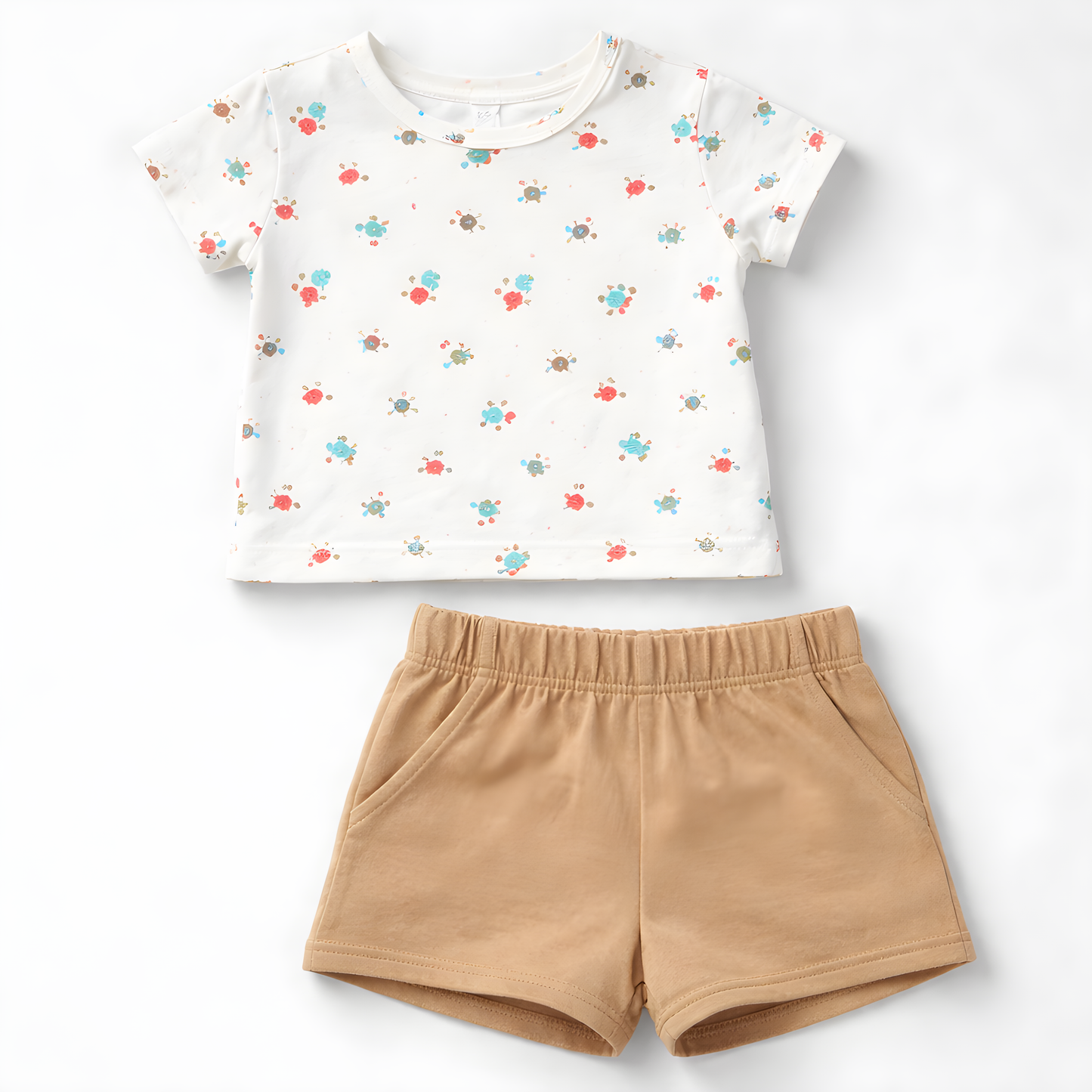 Girls 4-Piece Floral Cotton Summer Outfit Set – 2 T-Shirts & 2 Shorts- Pink , Green and White 042LH