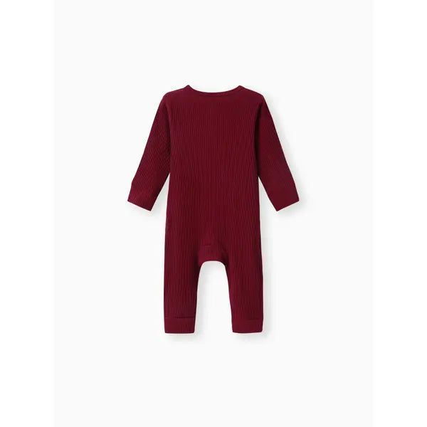 Cotton Ribbed Button Up Jumpsuit Red