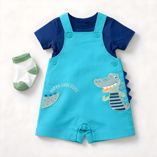 Baby Boy 3-Piece Crocodile Dungaree Outfit Set with Socks – Blue(042LH)