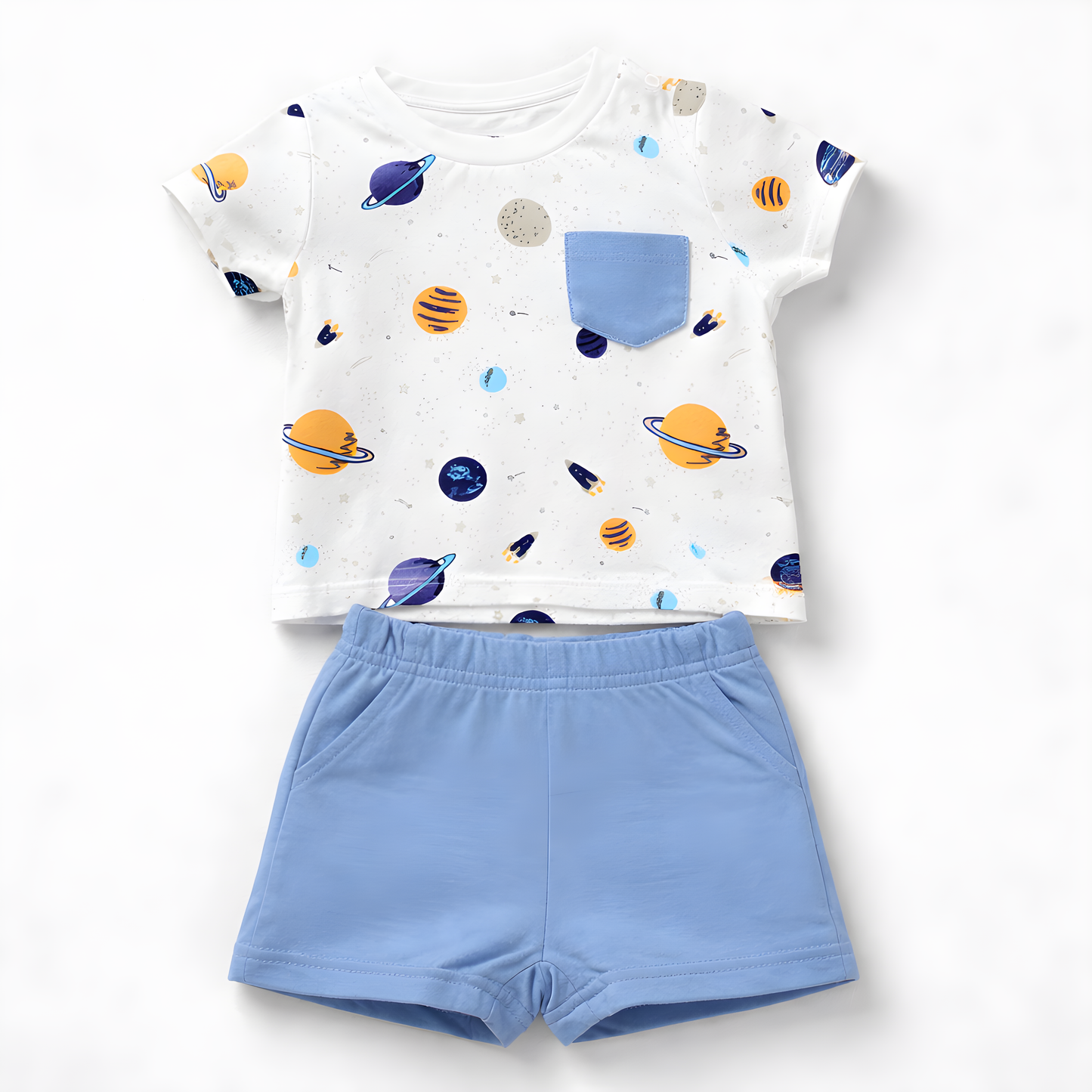 Baby Boy 4-Piece Space Cotton Summer Outfit Set – 2 T-Shirts & 2 Shorts- Light Blue and White 042LH