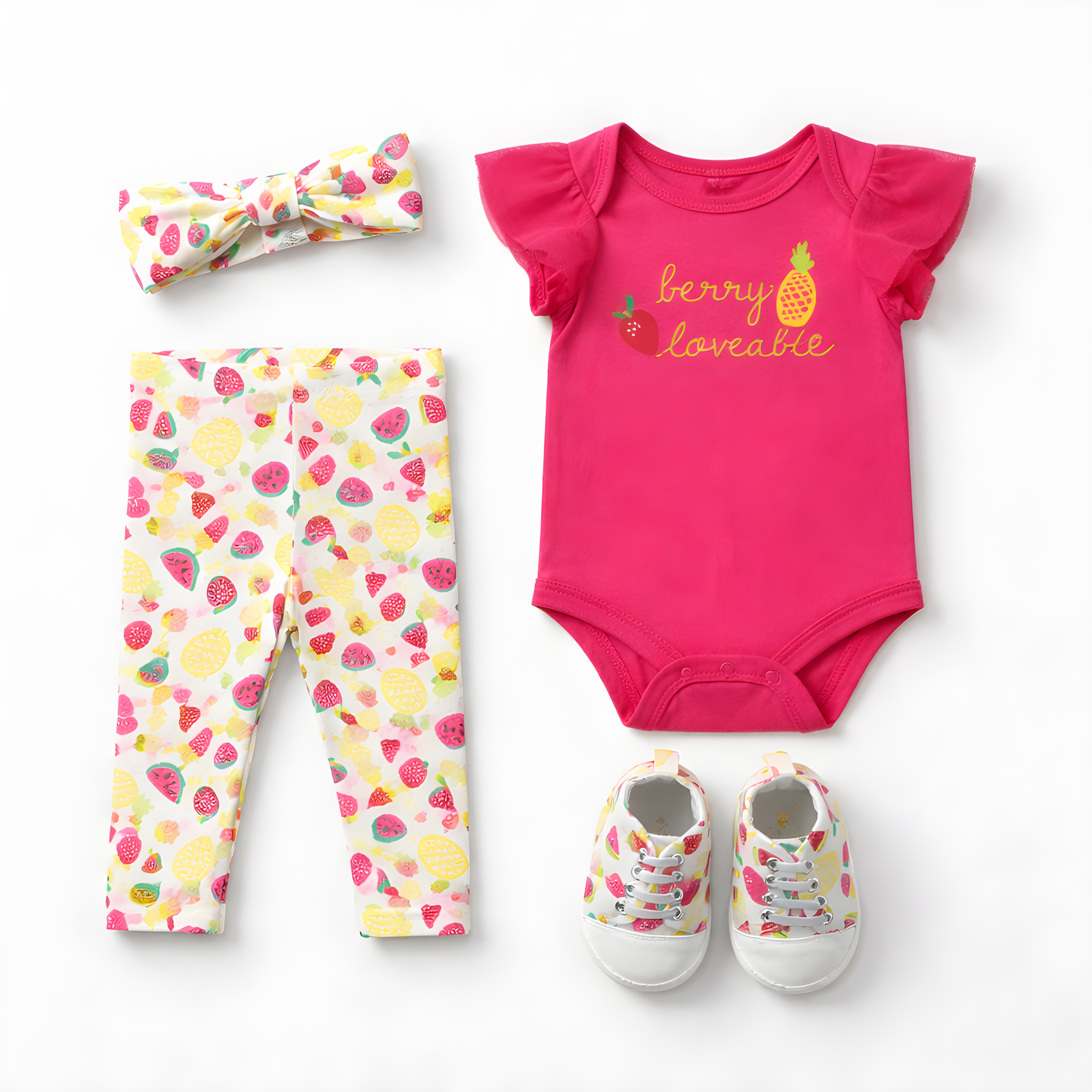 4-Piece Baby Girl "Berry Loveable" Outfit Set | Bodysuit, Leggings, Headband & Shoes 042LH