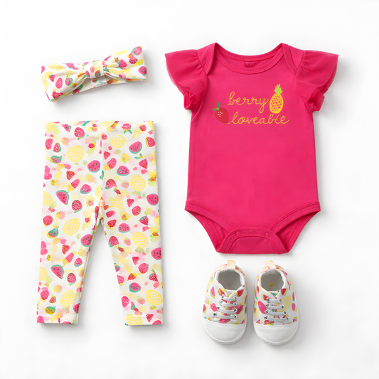 4-Piece Baby Girl "Berry Loveable" Outfit Set | Bodysuit, Leggings, Headband & Shoes 042LH