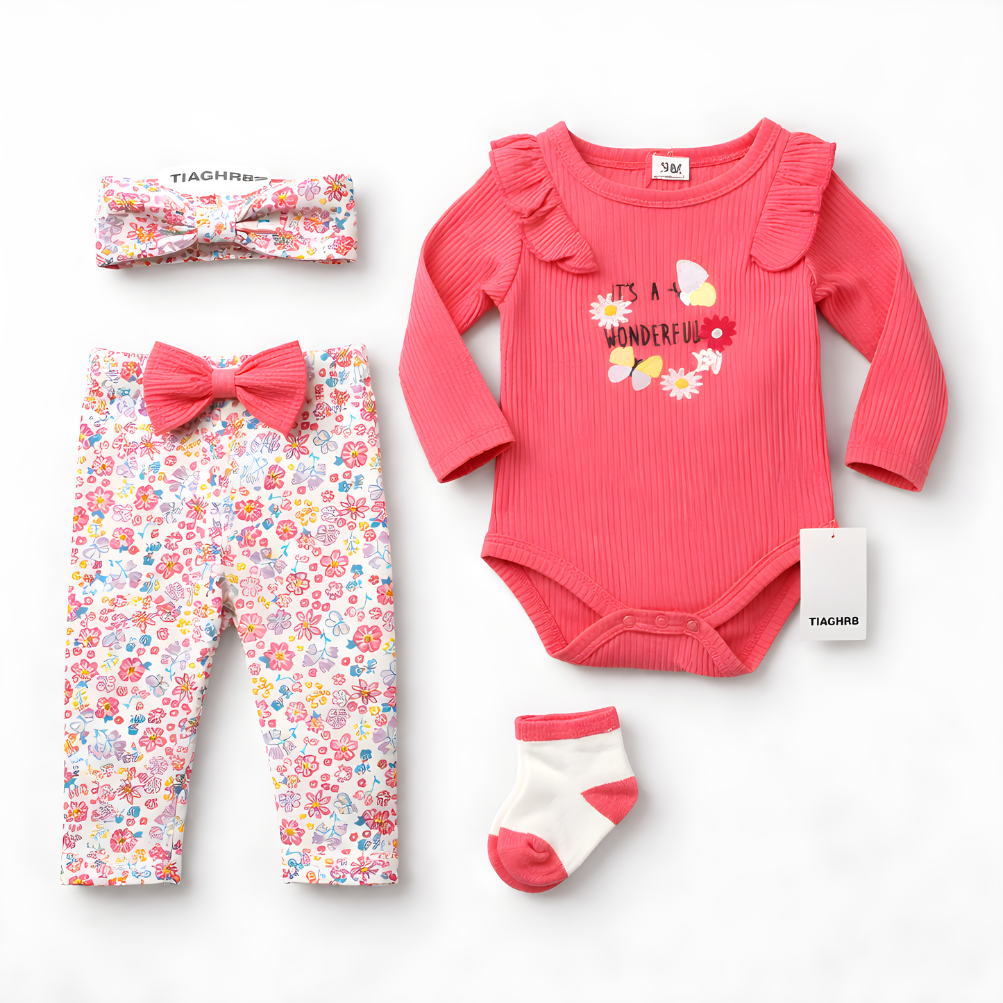 4-Piece Baby Girls Outfit Set – Long Sleeve Ribbed Bodysuit with Floral Leggings, Headbands & Socks 042LH