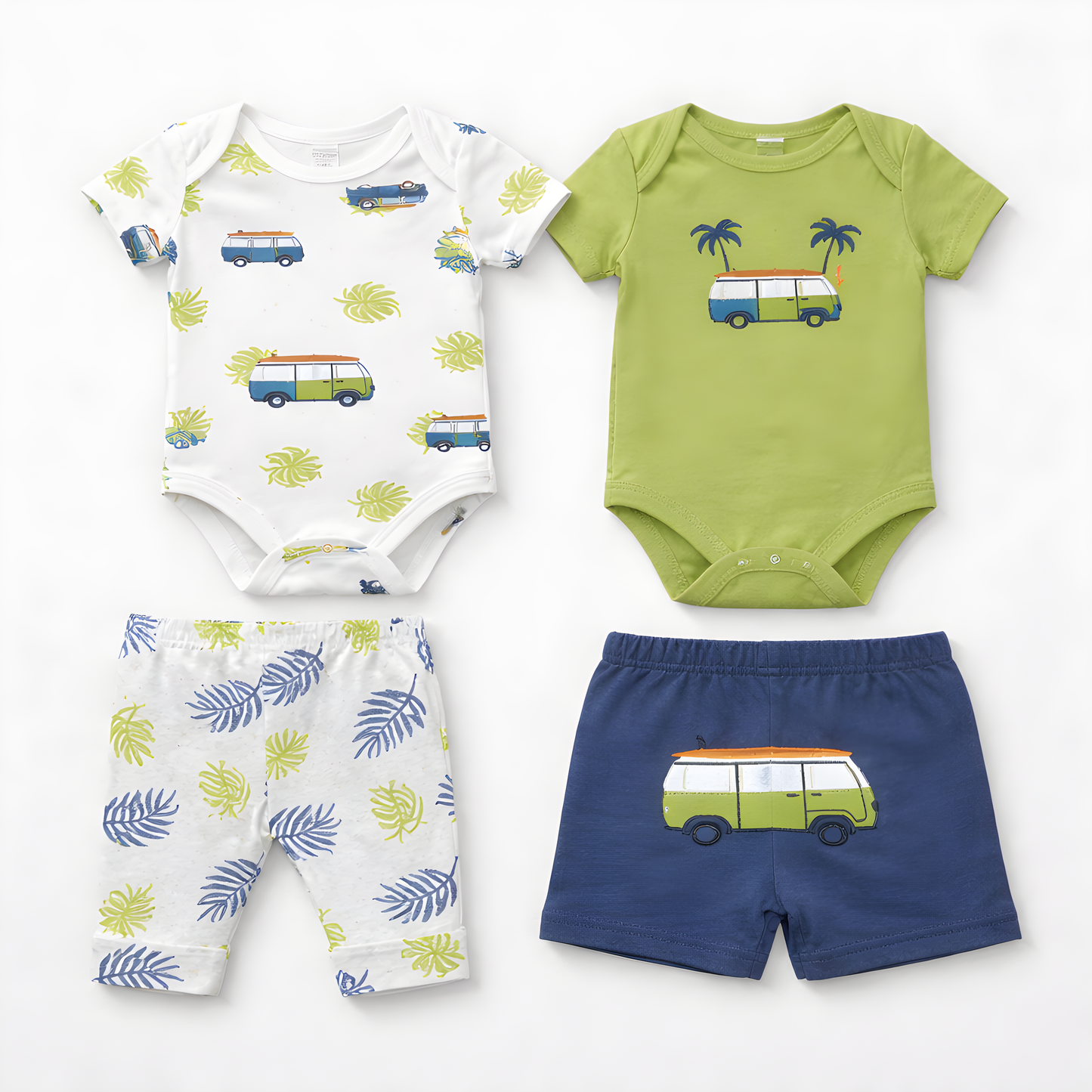 Baby Boy 4-Piece Camper Van Bodysuit Set with Bodysuits, Shorts & Pants 042LH