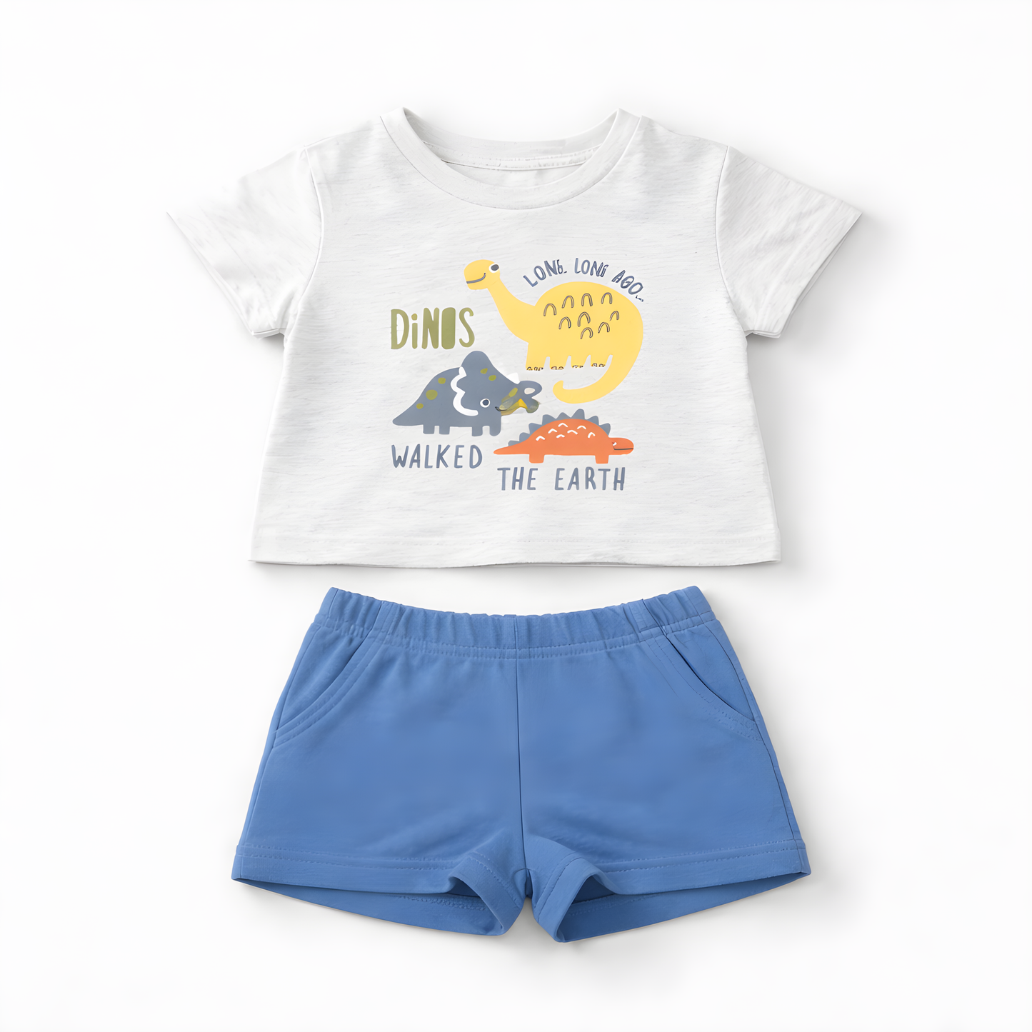 Baby Boy 4-Piece Dino Cotton Summer Outfit Set – 2 T-Shirts & 2 Shorts- Light Blue and Grey 042LH