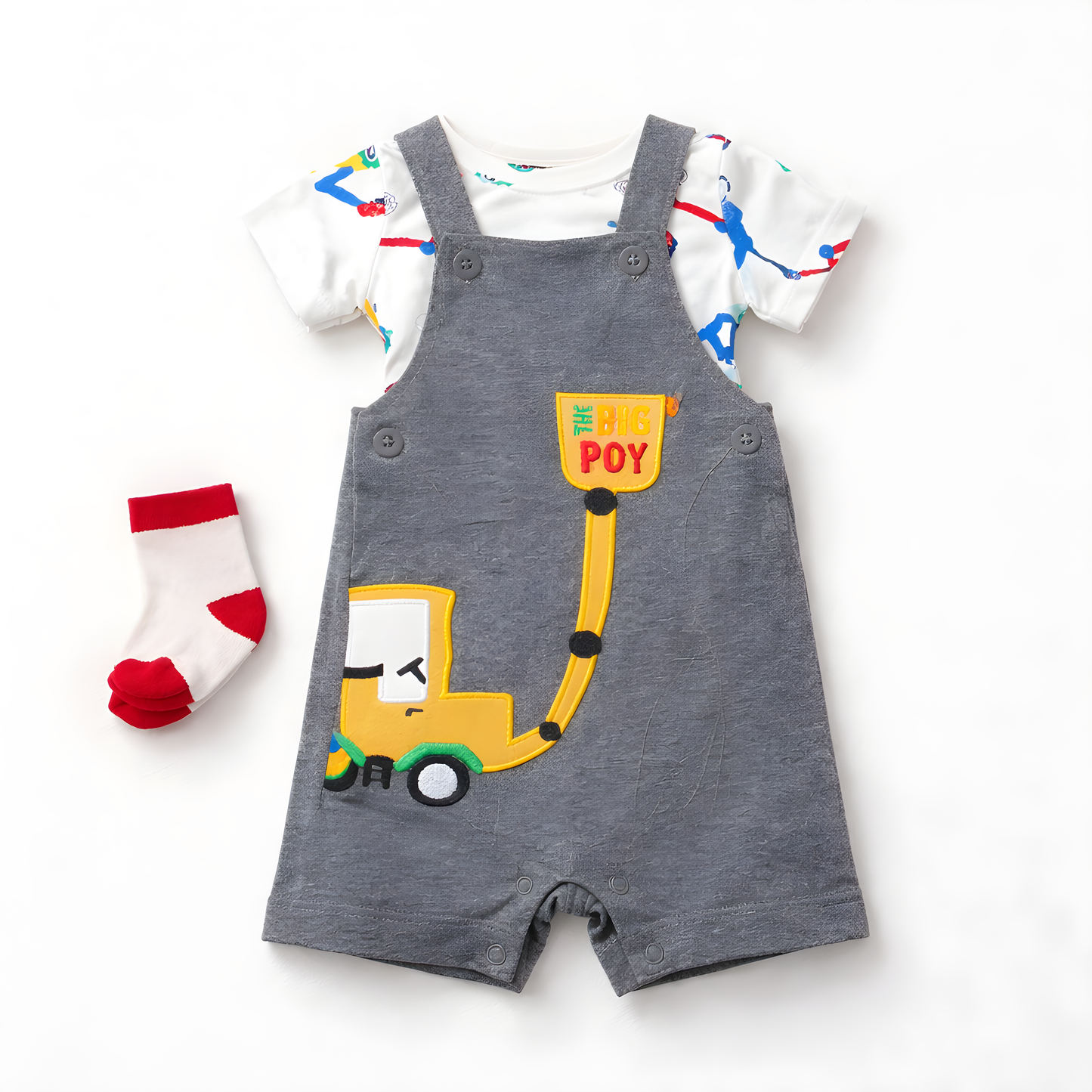 Baby Boy 3-Piece Vehicle Dungaree Outfit Set with Socks – Grey and White(042LH)