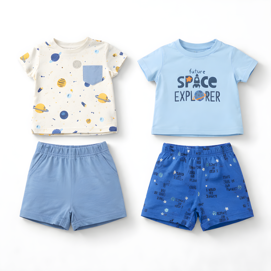 Baby Boy 4-Piece Space Cotton Summer Outfit Set – 2 T-Shirts & 2 Shorts- Light Blue and White 042LH