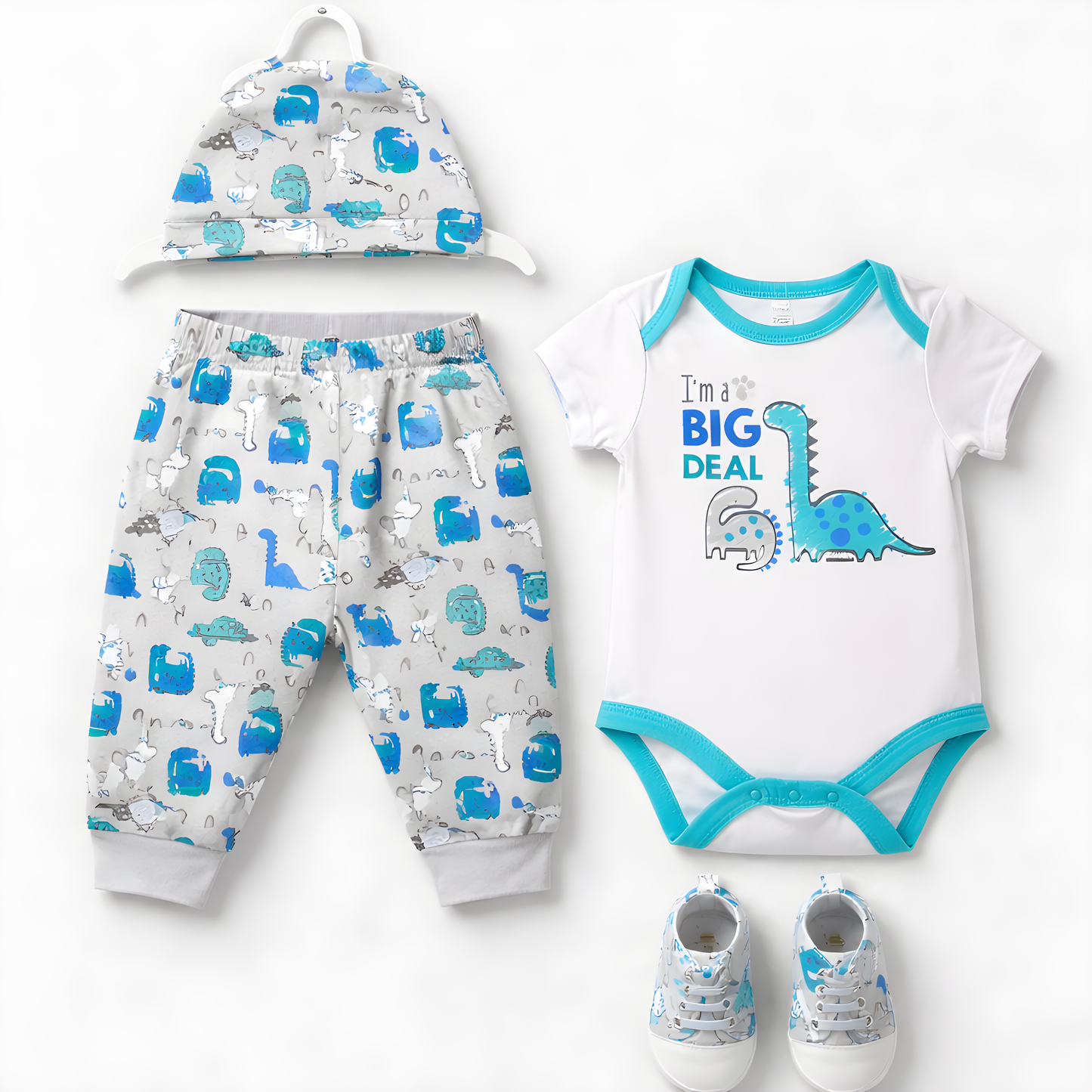 Baby Boy 4-Piece Dinosaur Bodysuit Outfit Set with Printed Pants, Cap & Shoes 042LH