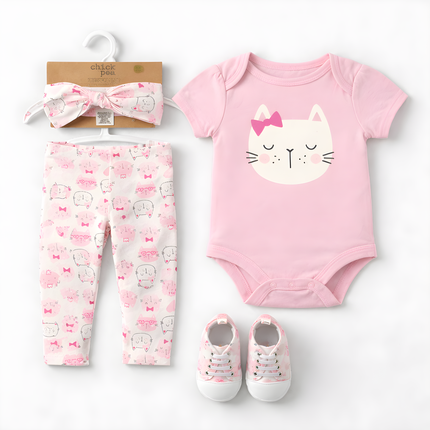4-Piece Baby Girl Kitty Outfit Set | Pink Bodysuit, Cat Print Leggings, Headband & Shoes 042LH