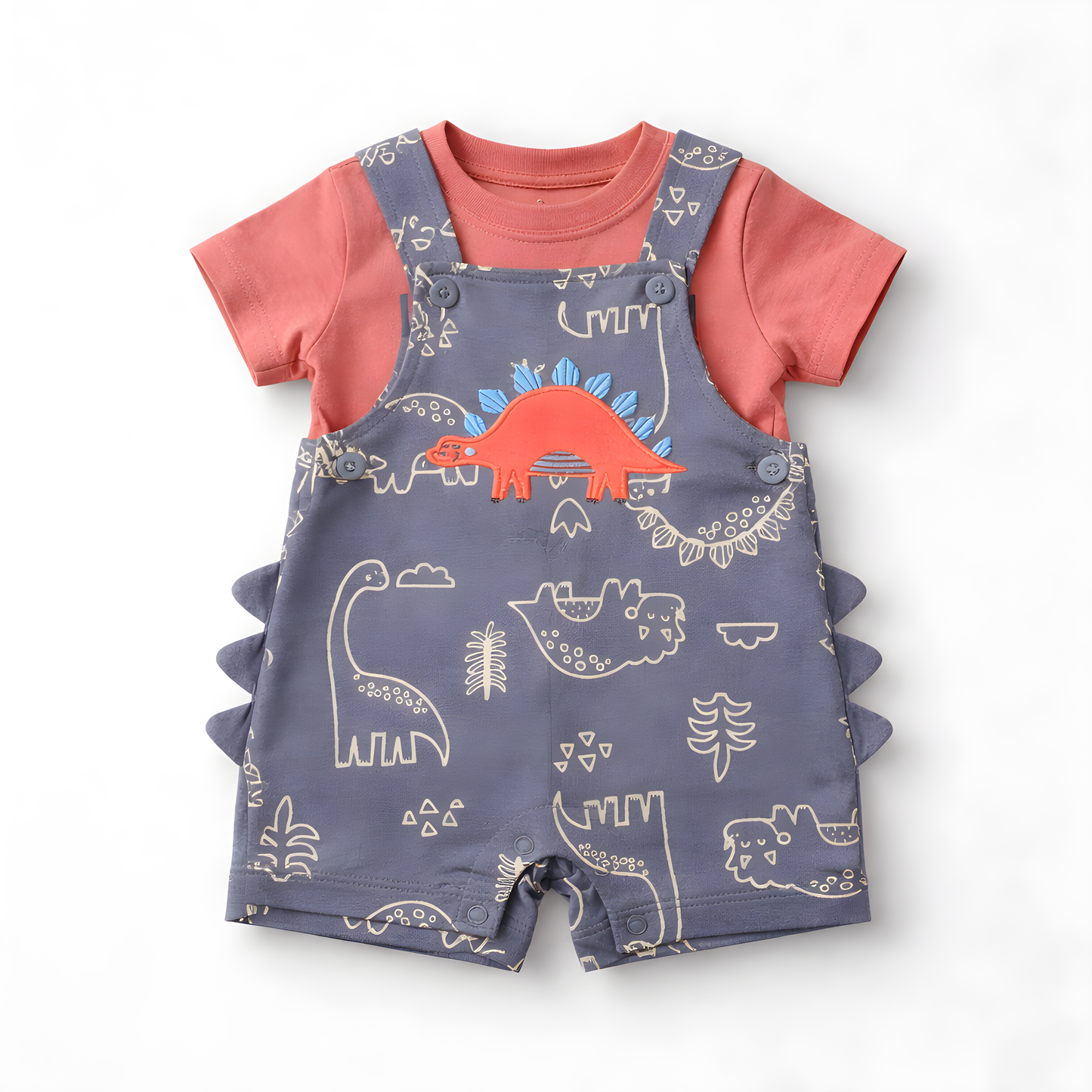 Baby Boy 3-Piece dinosaur Dungaree Outfit Set with Socks – Charcoal grey and Orange(042LH)