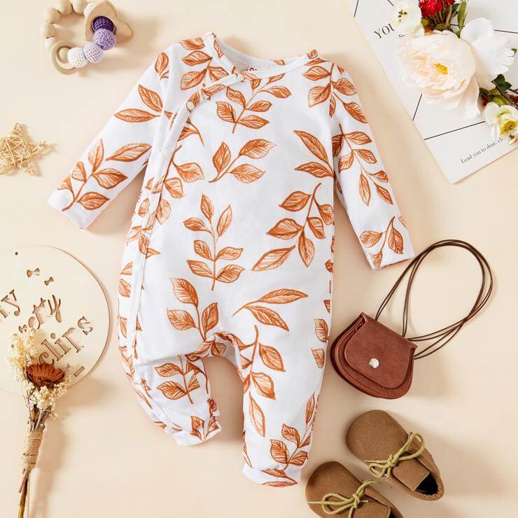 Leaves-Print Long-sleeve Baby Jumpsuit