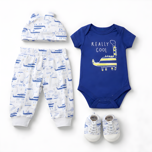 Baby Boy 4-Piece Dinosaur Bodysuit Outfit Set with Printed Pants, Cap & Shoes 042LH