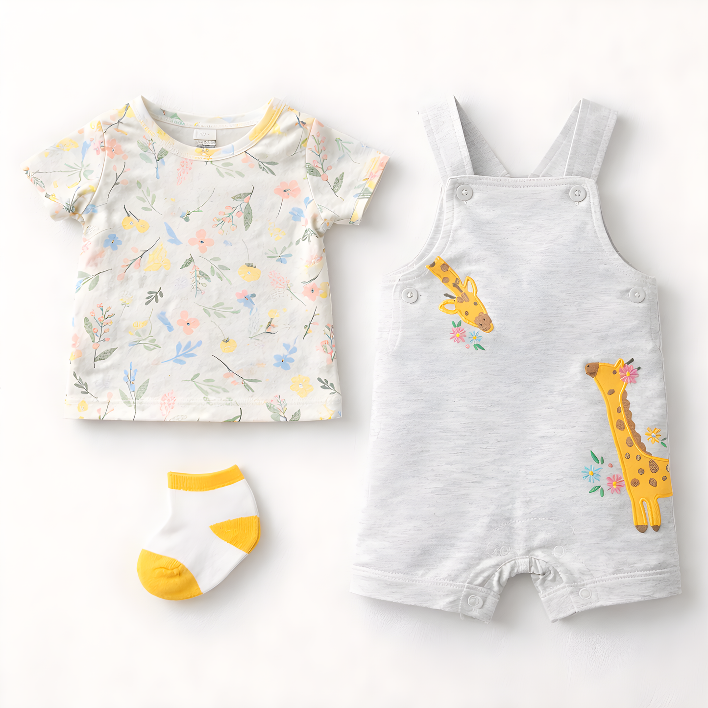 Baby Girl 3-Piece Giraffe Dungaree Outfit Set with Socks – Grey and White (042LH)