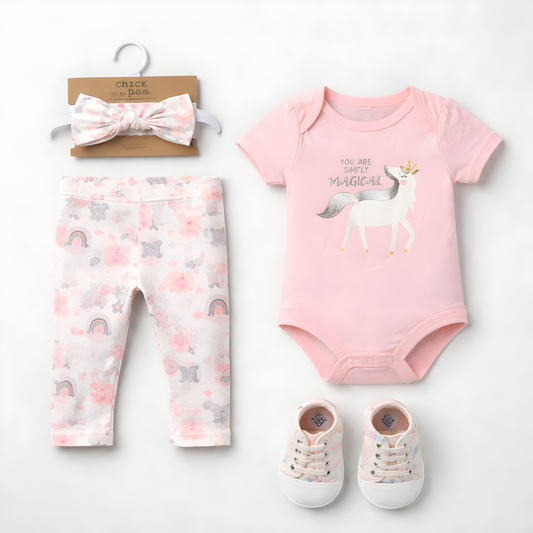 Baby Girl 4-Piece Unicorn Bodysuit Outfit Set with Printed Leggings, Headband & Shoes 042LH