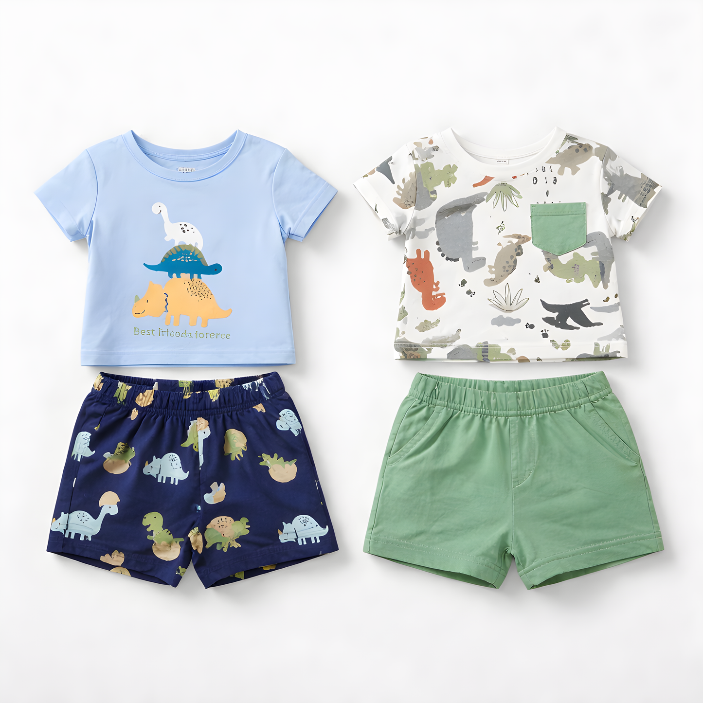 Baby Boy 4-Piece dinosaur Cotton Summer Outfit Set – 2 T-Shirts & 2 Shorts- Blue and Green 042LH