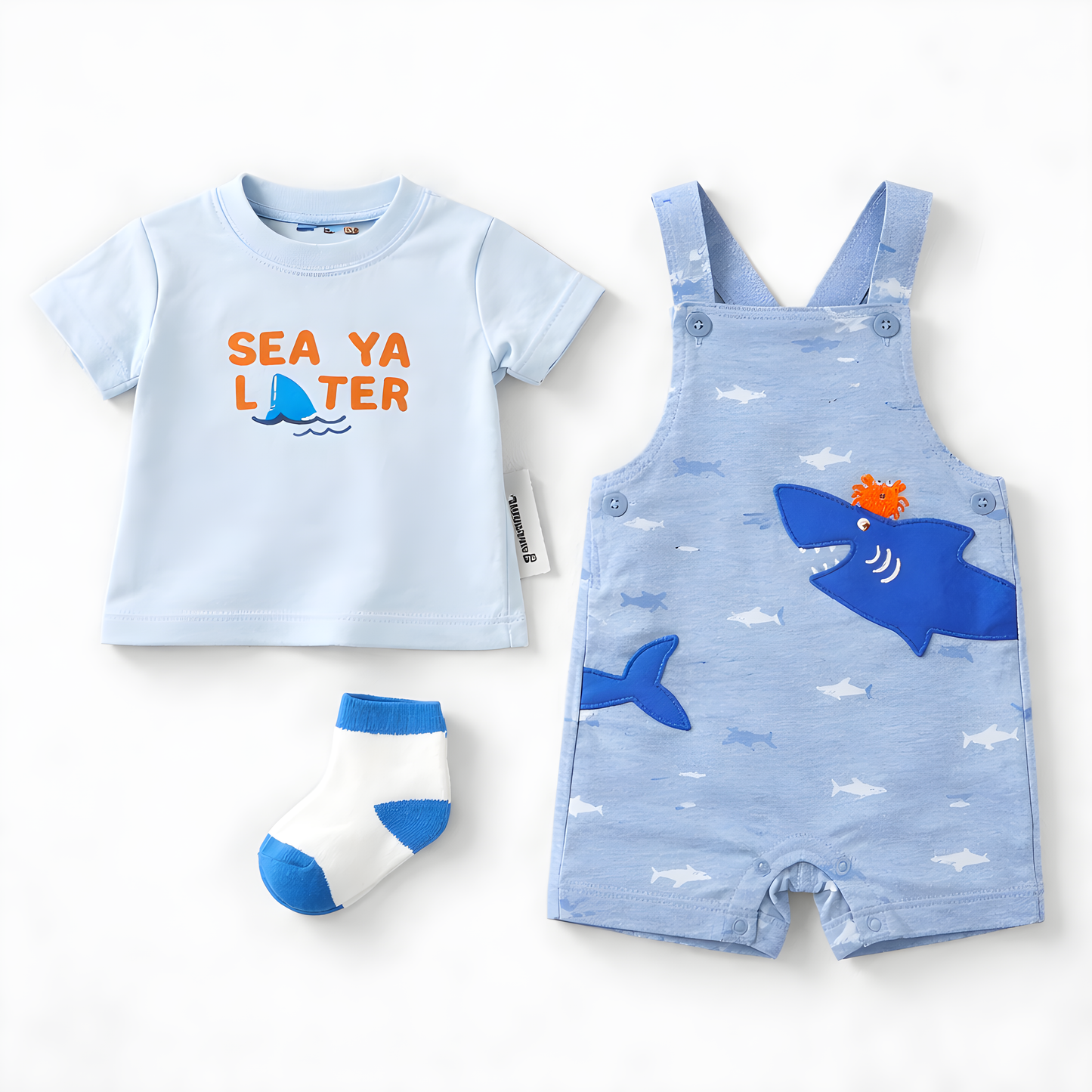 Baby Boy 3-Piece Shark Dungaree Outfit Set with Socks – Blue(042LH)