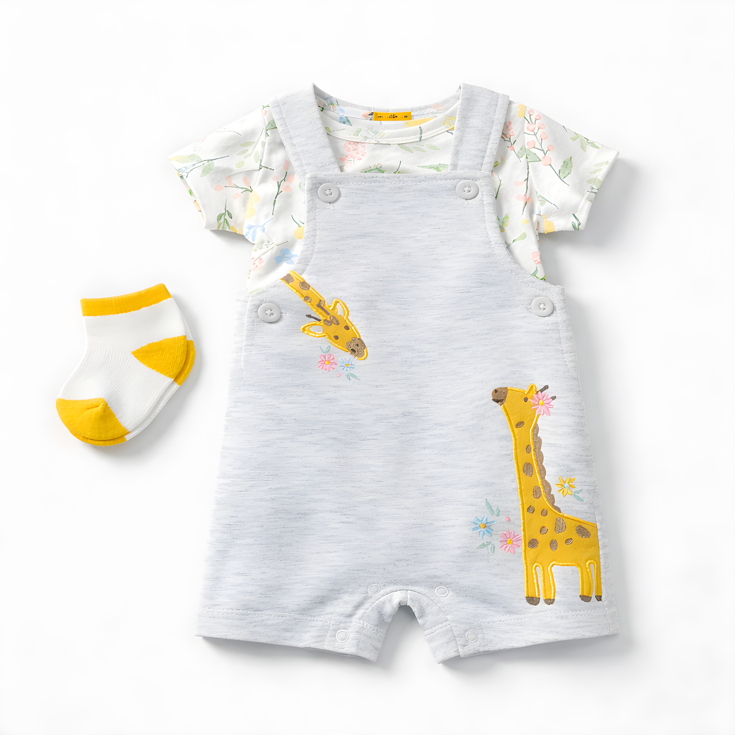 Baby Girl 3-Piece Giraffe Dungaree Outfit Set with Socks – Grey and White (042LH)