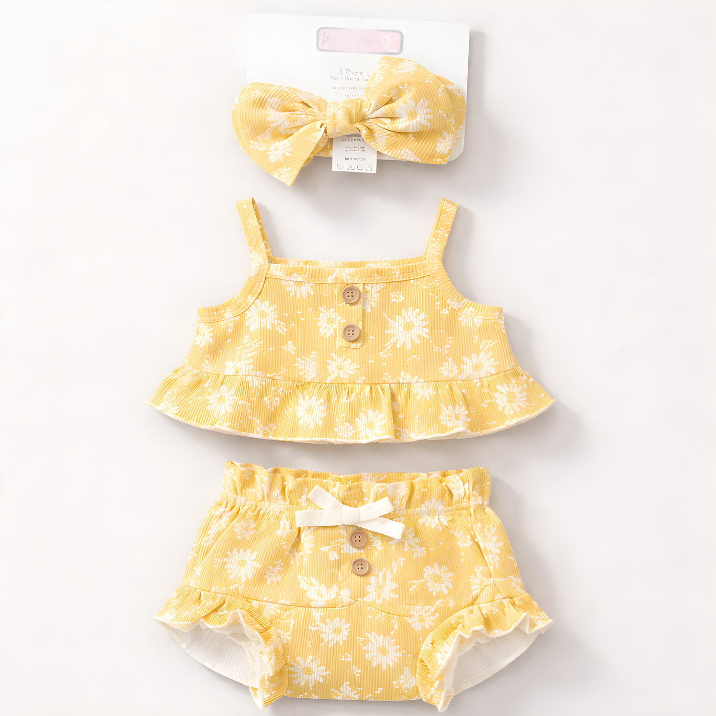 3-Piece Baby Girl 100% Cotton Summer Outfit Set with Matching Headband | Yellow Floral Top & Bloomers 042LH