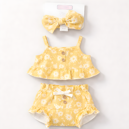 3-Piece Baby Girl 100% Cotton Summer Outfit Set with Matching Headband | Yellow Floral Top & Bloomers 042LH