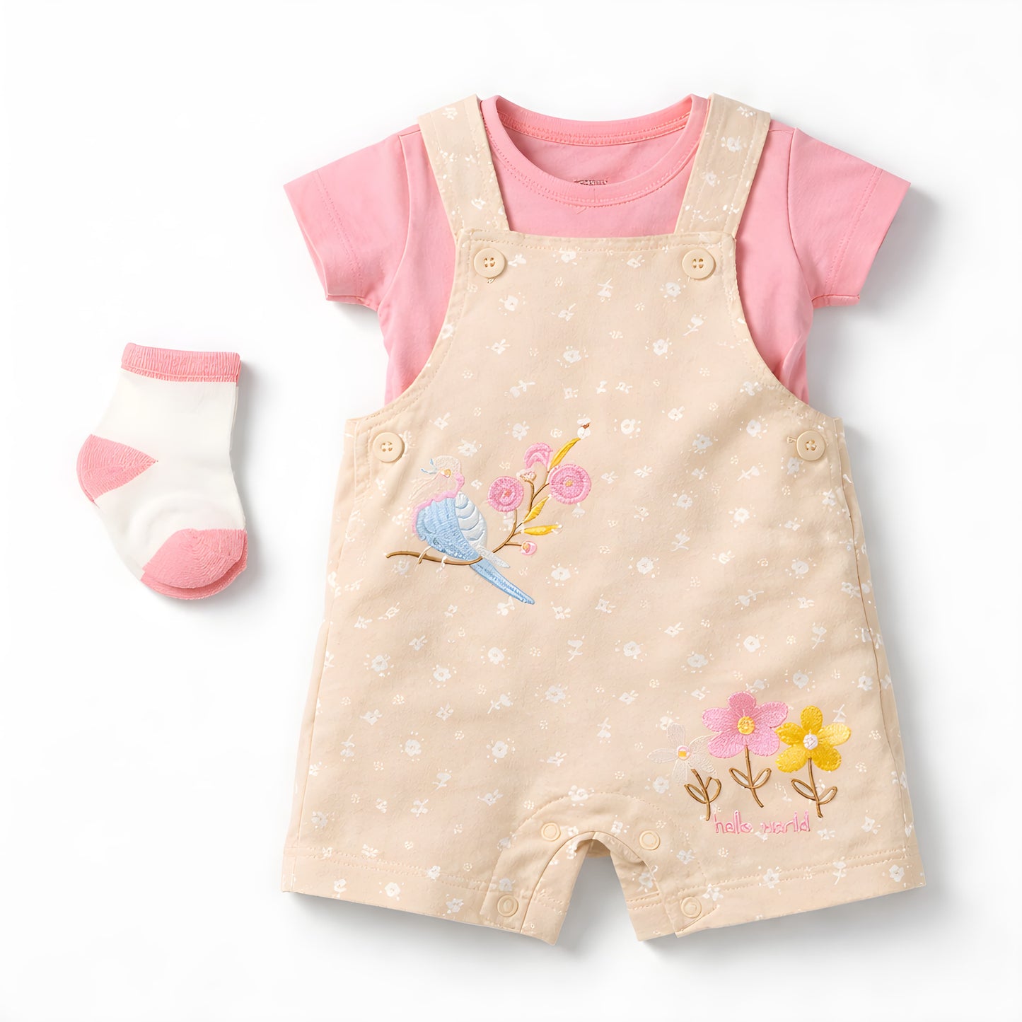 Baby Girls 3-Piece Floral Dungaree Outfit Set with Socks – Pink (042LH)
