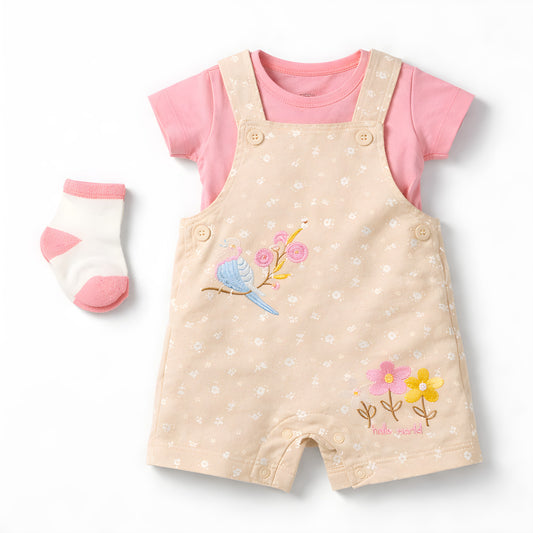 Baby Girl 3-Piece Floral Bird Dungaree Outfit Set with Socks – Pink and Beige (042LH)