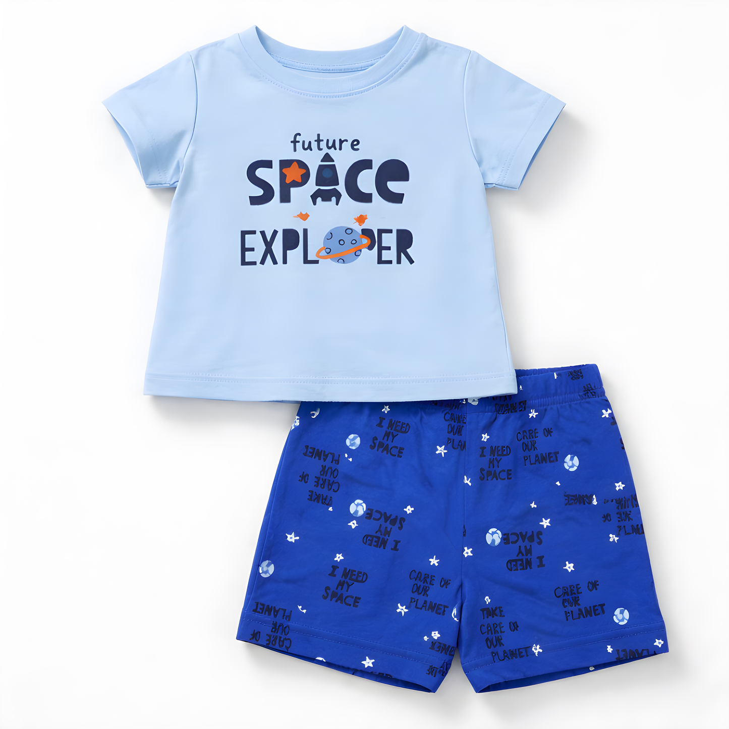 Baby Boy 4-Piece Space Cotton Summer Outfit Set – 2 T-Shirts & 2 Shorts- Light Blue and White 042LH