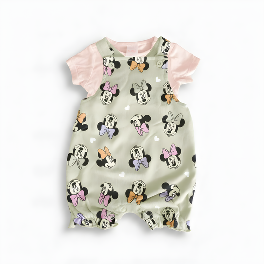 Baby Girl 2-Piece Minnie Dungaree Outfit Set with Socks – Green and Pink(042LH)