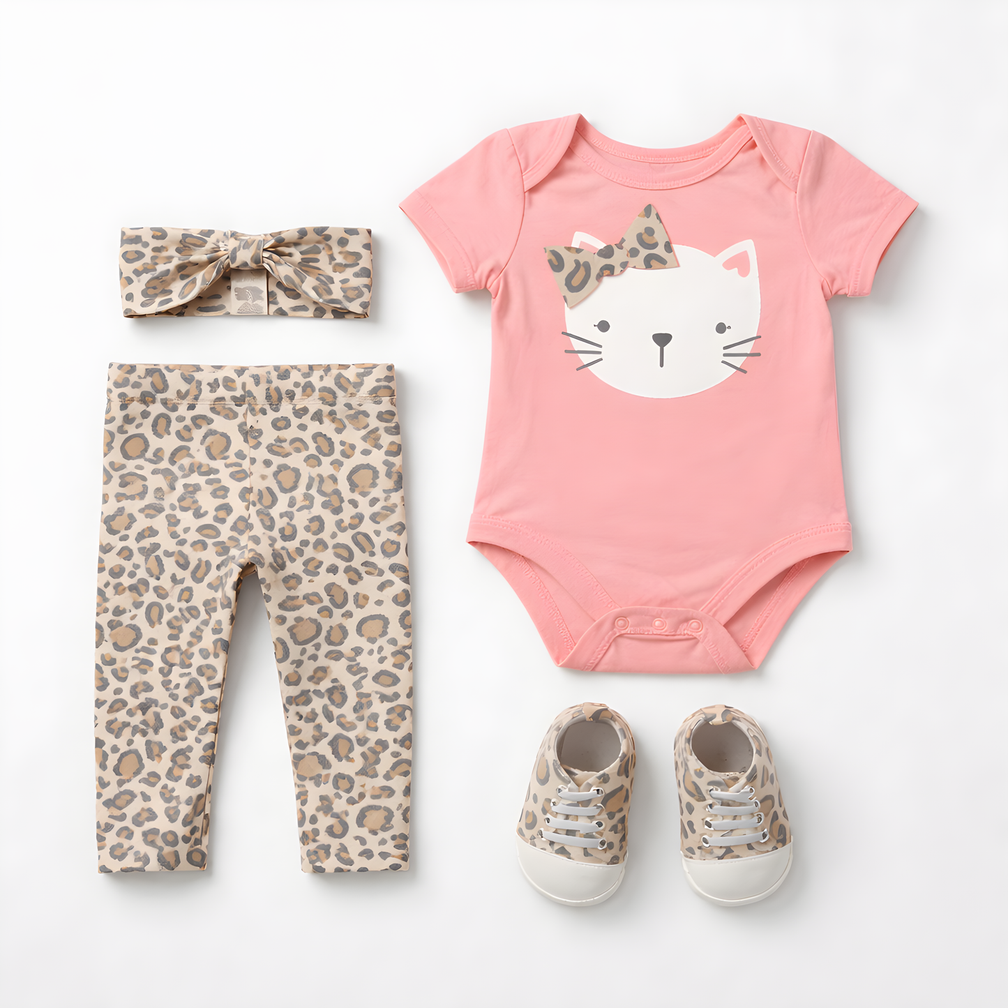 4-Piece Baby Girl Kitty Outfit Set | Bodysuit, Leopard Print Leggings, Headband & Shoes 042LH
