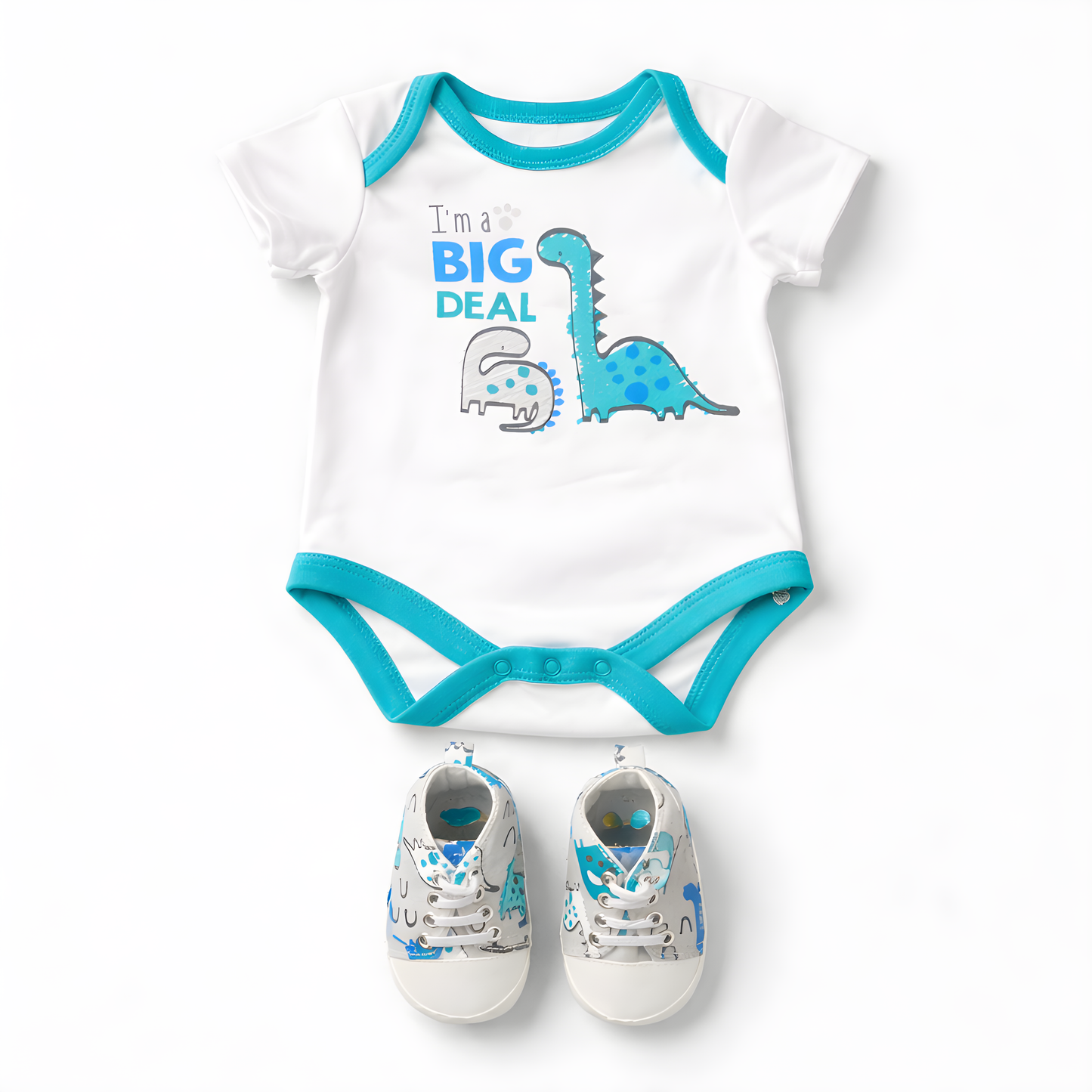 Baby Boy 4-Piece Dinosaur Bodysuit Outfit Set with Printed Pants, Cap & Shoes 042LH