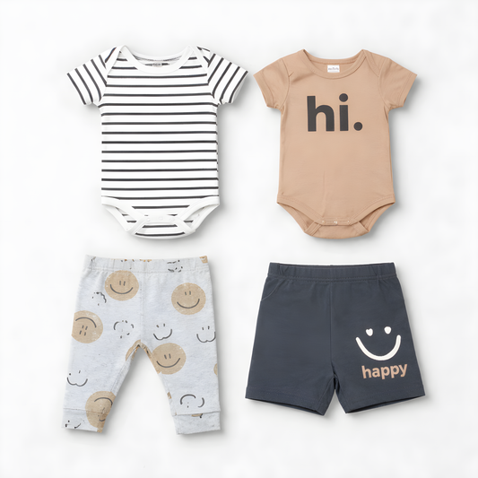 2-Pack Baby Boys Bodysuit & Bottom Set – Hi smile face Print Bodysuits with Shorts 042LH
