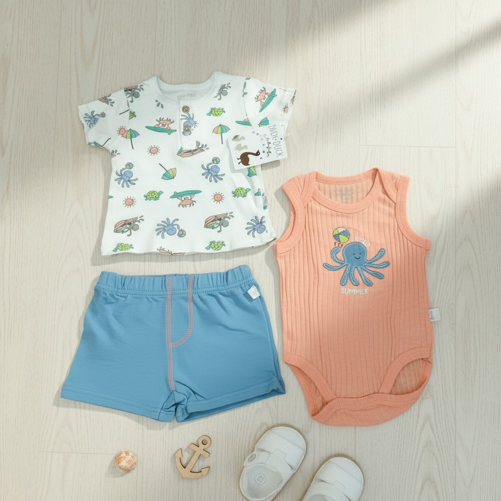 3-Piece Baby Boy Cotton Summer Outfit Set | Octopus Bodysuit, Sea animals Print T-Shirt & blue Shorts 042LH