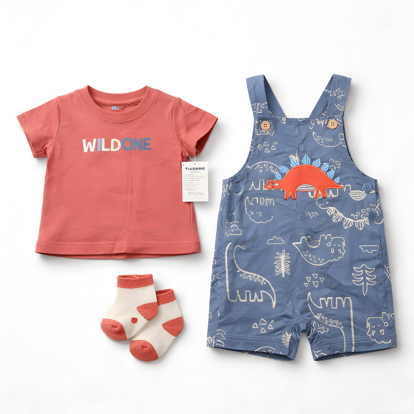 Baby Boy 3-Piece dinosaur Dungaree Outfit Set with Socks – Charcoal grey and Orange(042LH)