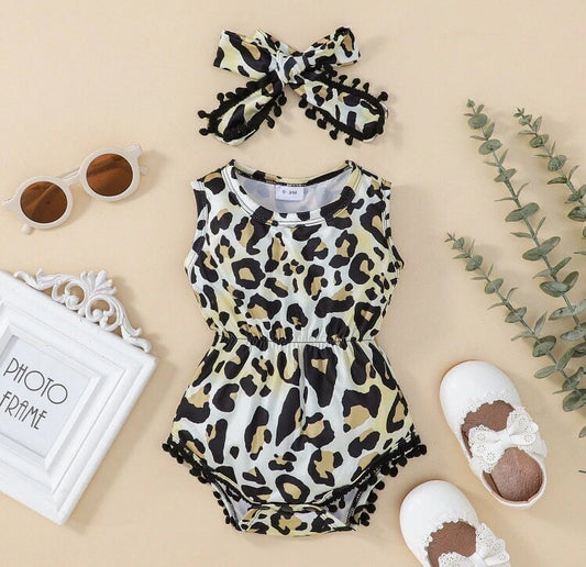 Baby Girls Leopard Print Sleeveless Romper with Matching Bow Headband