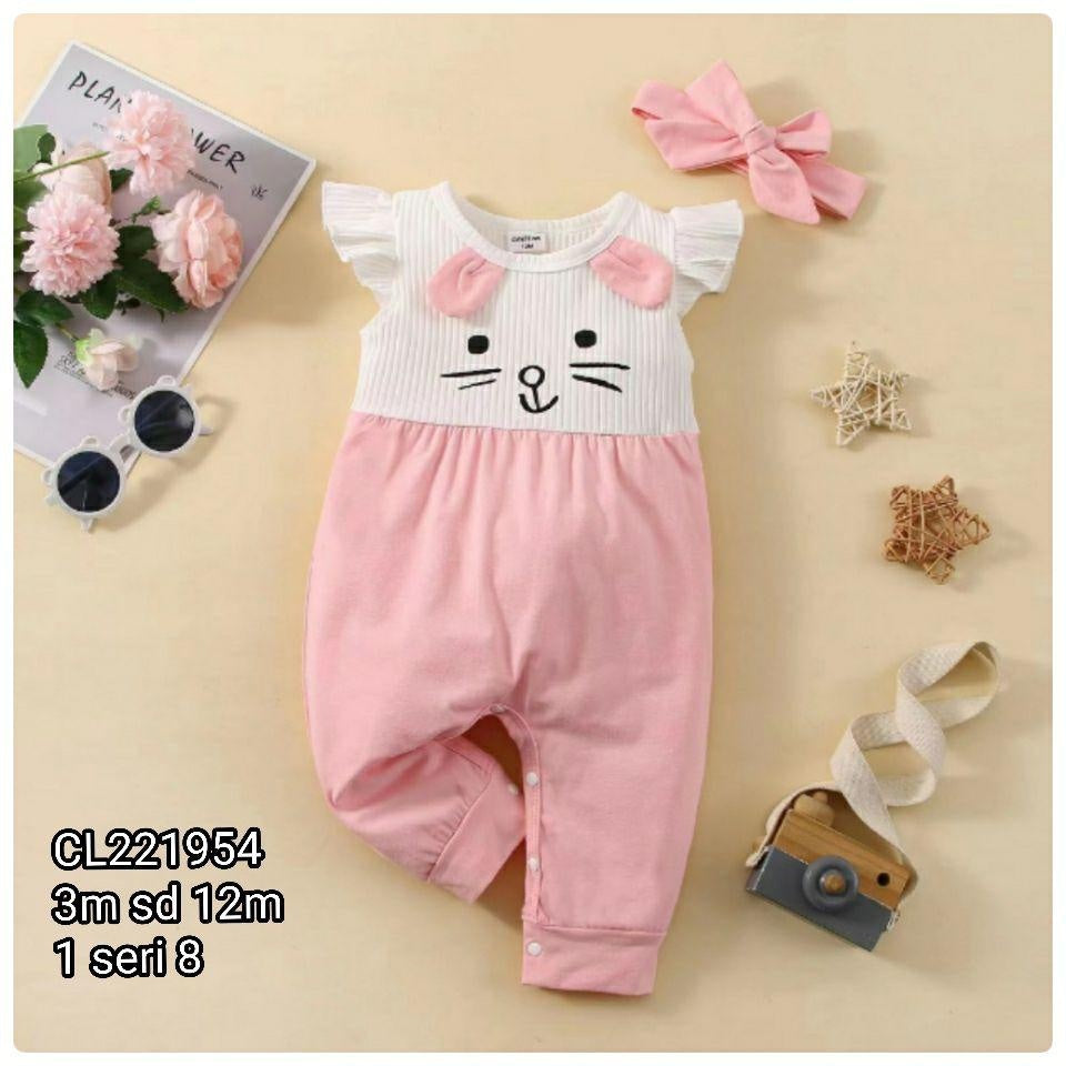 Baby Girl Pink Cat Face Romper Jumpsuit + Matching Bow Headband